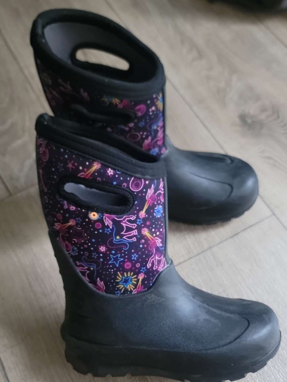 Bogs Kids Black and Purple Unicorn Print Winter Boots